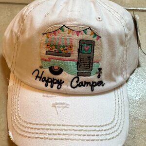 Kbethos Womens Distressed White Happy Camper Baseball Cap